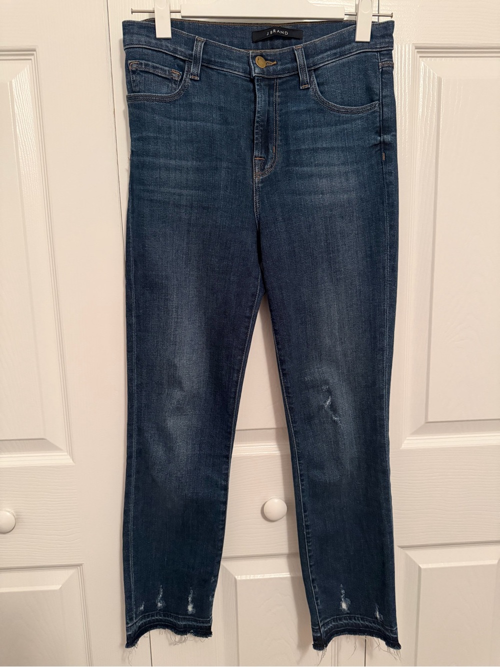 J Brand Mid-Dark Blue High-Rise Cropped Jeans